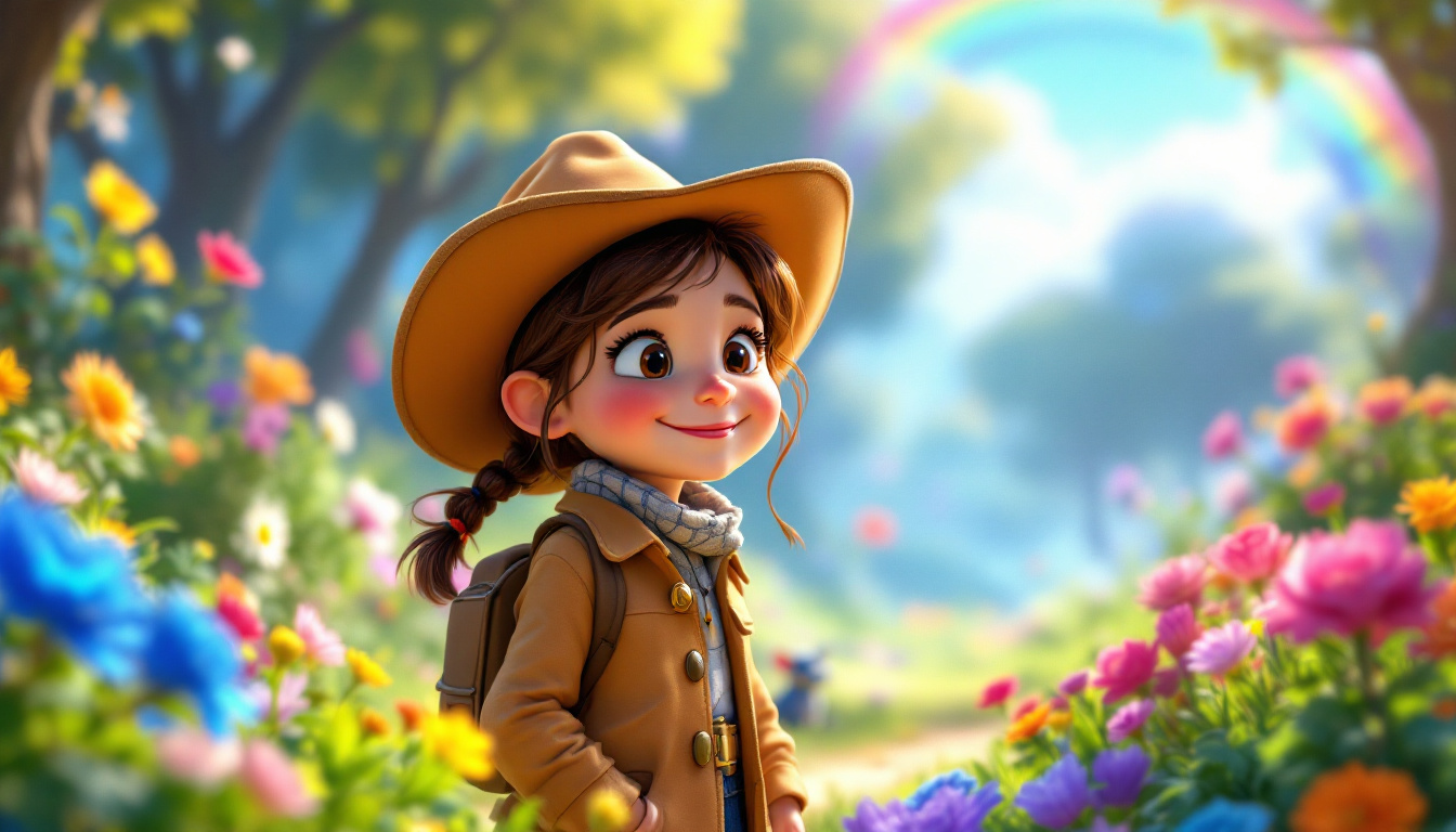 A cheerful detective named Clara in a cowboy hat, searching for a missing rainbow in a vibrant forest with colorful flowers and magical creatures, detective story genre.